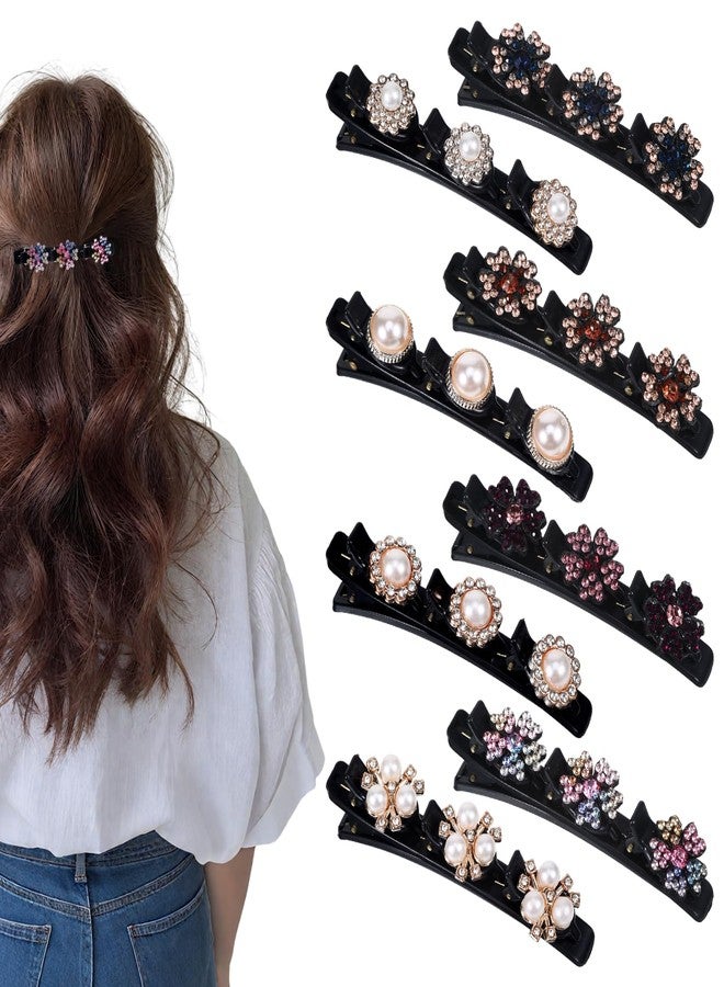 Qiuruoo Sparkling Crystal Stone Braided Hair Clips,Hairpin Duckbill Clips with 3 Small Pearl Hairpin,Flower Pearls Hair Accessories for Women(8PCS) - Image 1
